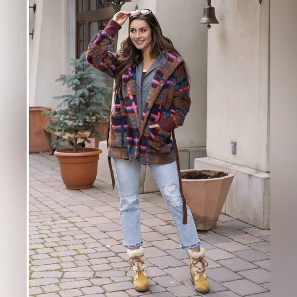 Fleece Jewel Plaid Wrap Jacket | Multi Fleece Plaid Wrap Jacket L/XL - Picture 1 of 12